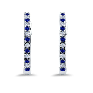 Hoop Earrings Half Eternity Round Simulated Blue Sapphire Cubic Zirconia 925 Sterling Silver (14mm)